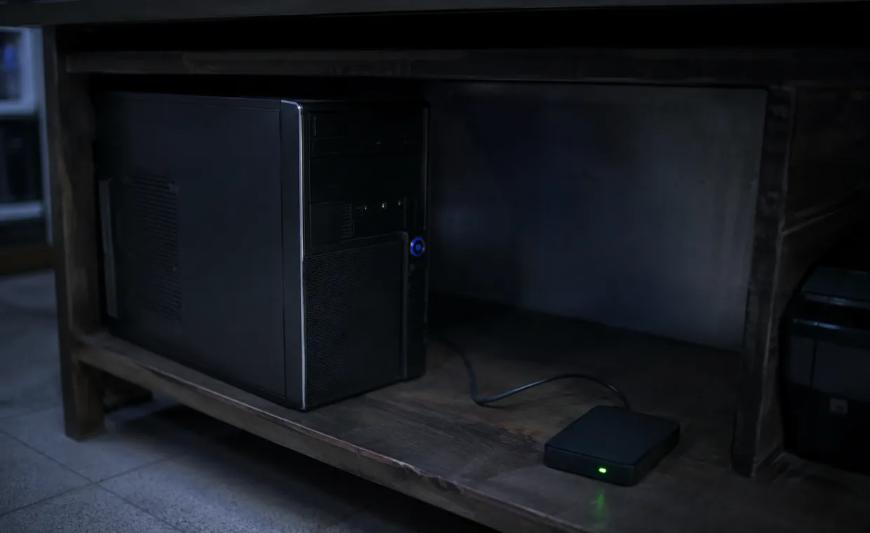 A shop PC and an external backup drive on a shelf under the counter, activity light lit.