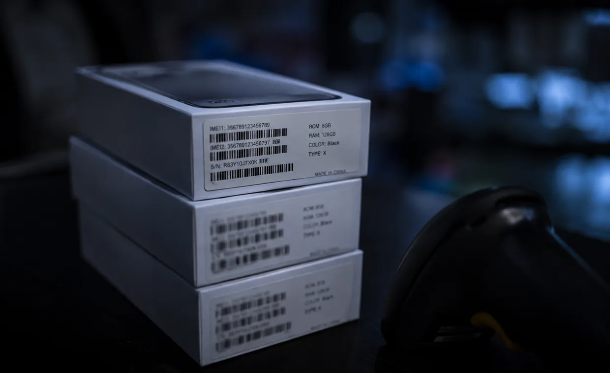 A stack of boxed smartphones on a counter, the IMEI barcode label on the top box in focus.