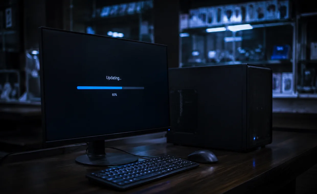 A shop counter PC installing a NeatPakPOS update by itself, the screen showing a progress bar at 65 per cent.