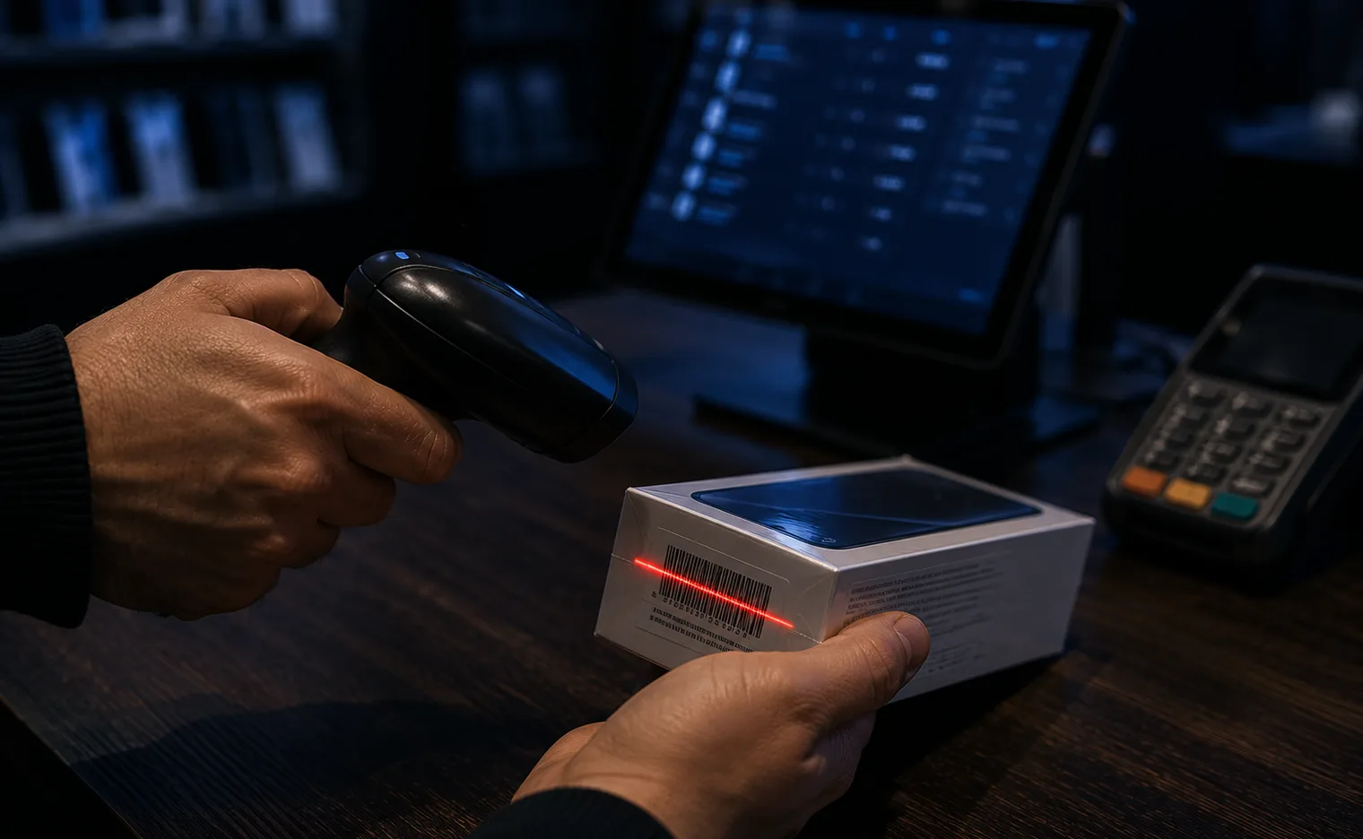 A shopkeeper scanning the barcode on a boxed smartphone with a handheld scanner.
